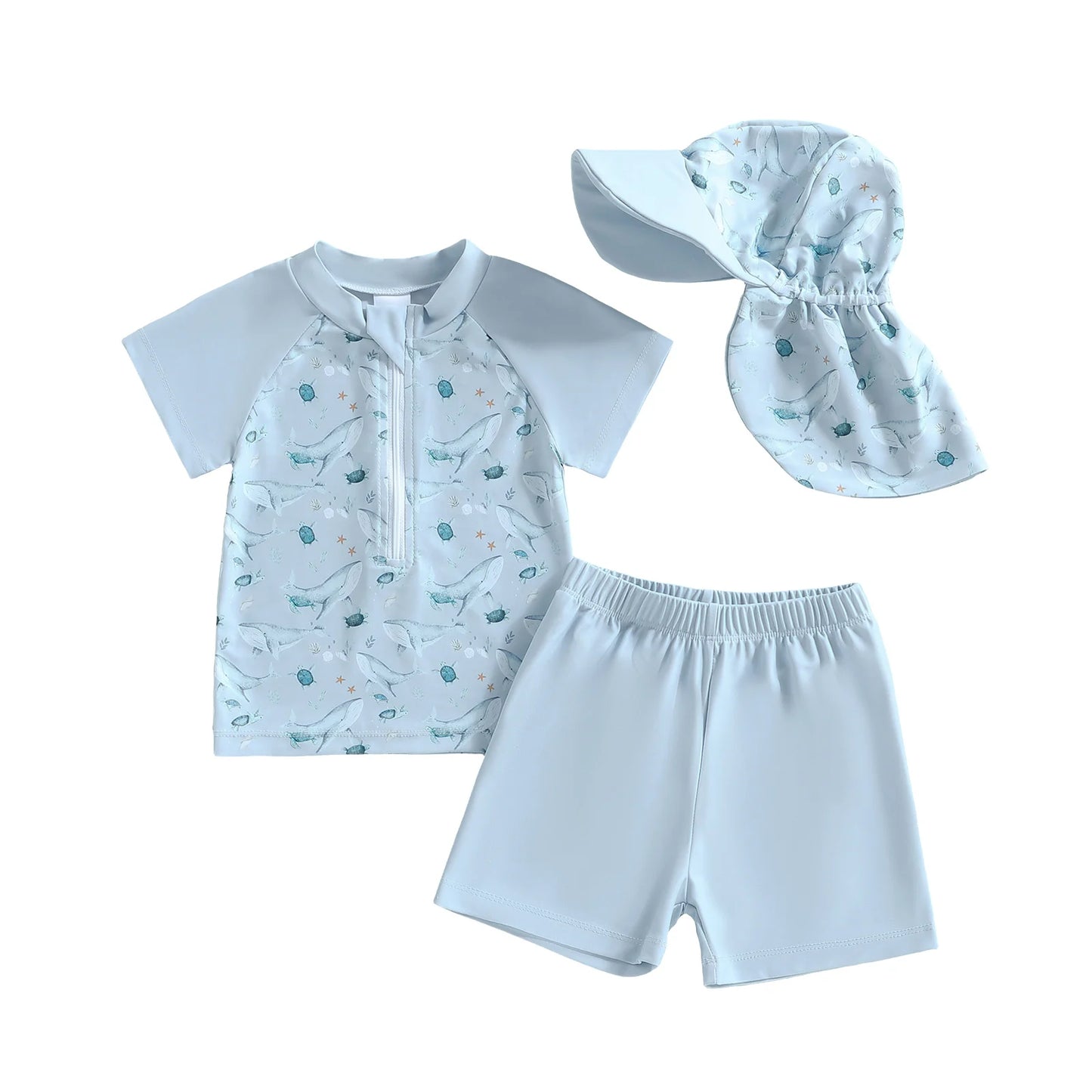 Baby Toddler Boys 3Pcs Rash Guard Swimsuit Short Sleeve Dinosaur Print Top Swim Shorts Hat Swimwear Three Piece Set