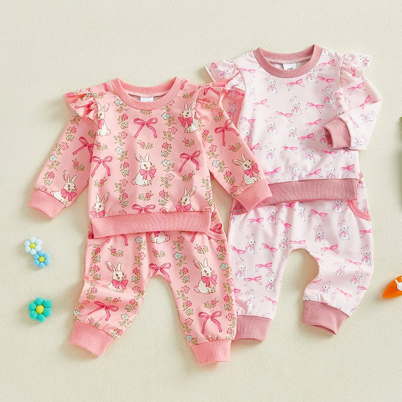 Baby Toddler Girls 2Pcs Easter Outfit Bow Bunny Rabbit Print Long Sleeve Top + Elastic Waist Long Pants Spring Set