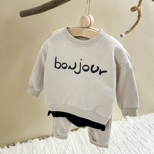 Baby Toddler Boys Girls 2Pcs Bonjour Letter Long Sleeve Top + Pants Jogger Set Outfit