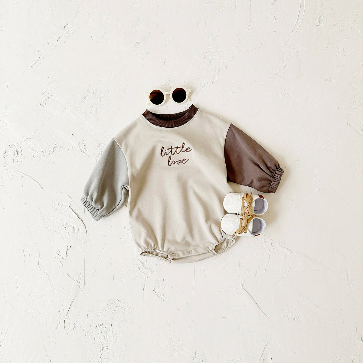 Baby Boys Girls Little Love Romper Long Sleeve Crewneck Patch Color Sleeve Bodysuit