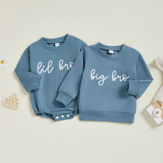 Baby Toddler Boys Lil/Bib Bro Autumn Jumpsuit Long Sleeve Round Neck Letter Embroidery Romper or Top Brothers Matching Outfits