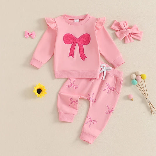 Baby Toddler Girls 3Pcs Fall Outfit Long Sleeve Bow Embroidery Crewneck Top + Jogger Pants + Headband Set