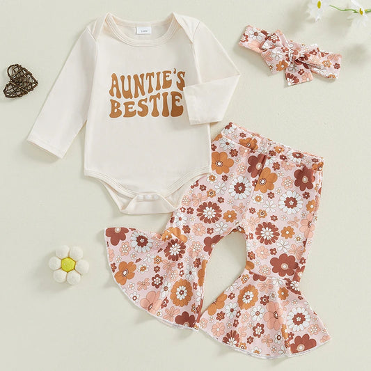 Baby Girls 3Pcs Auntie's Bestie Outfit Letter Print Long Sleeve Romper Flower Print Flare Pants Headband Set