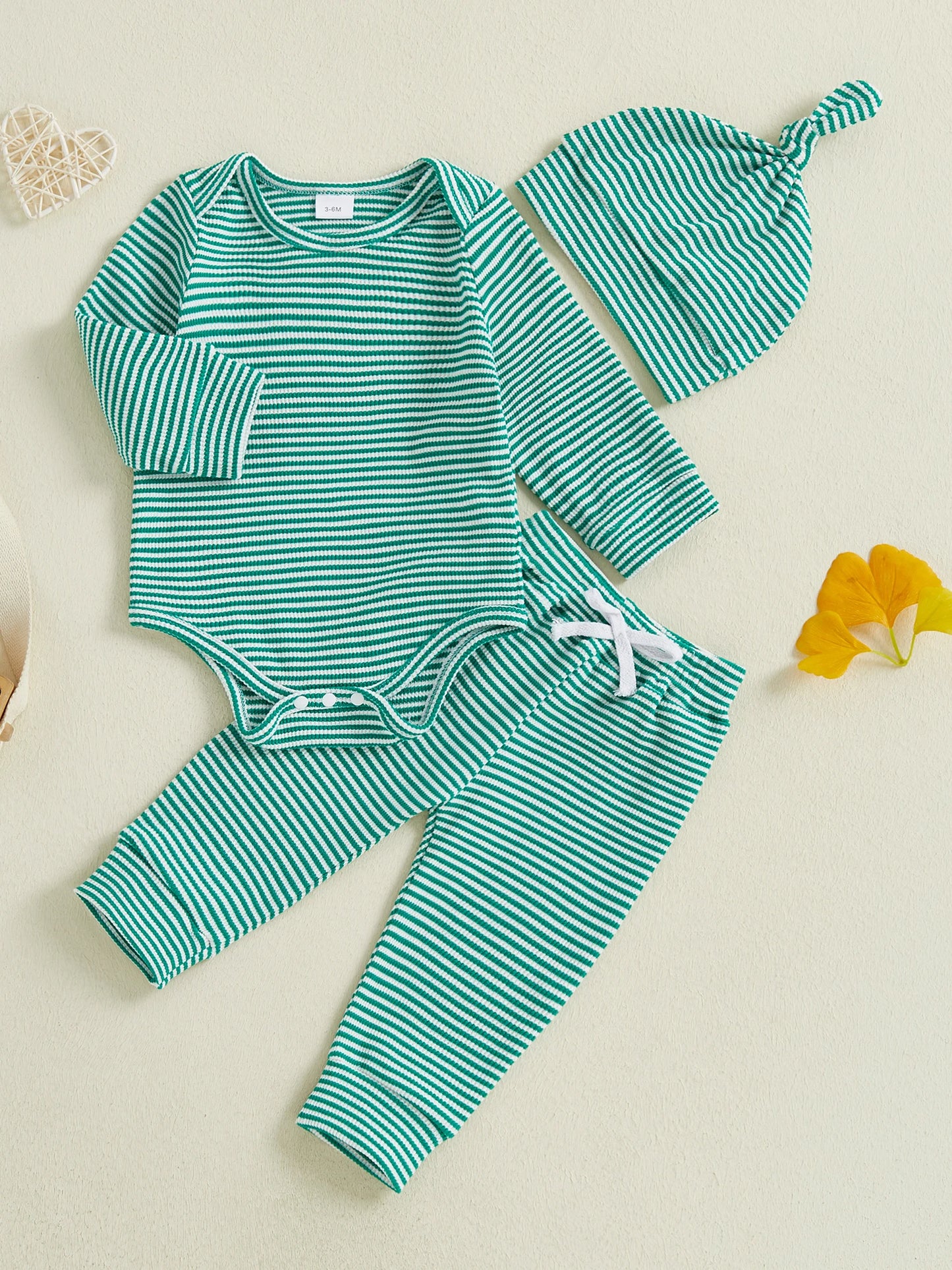 Baby Boys Girls 3Pcs Outfits Striped Crew Neck Long Sleeve Romper with Pants and Cap Beanie Hat Set