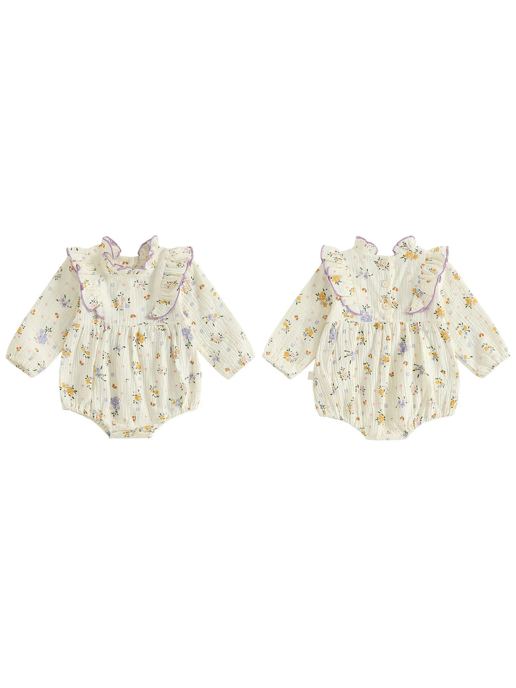 Baby Girl Fall Bubble Romper Floral Print Long Sleeve Frill Mock Neck Ruffled Jumpsuit