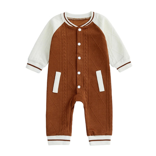 Baby Boy Knit Romper Contrast Color Long Sleeve Round Neck Full Length Jumpsuit