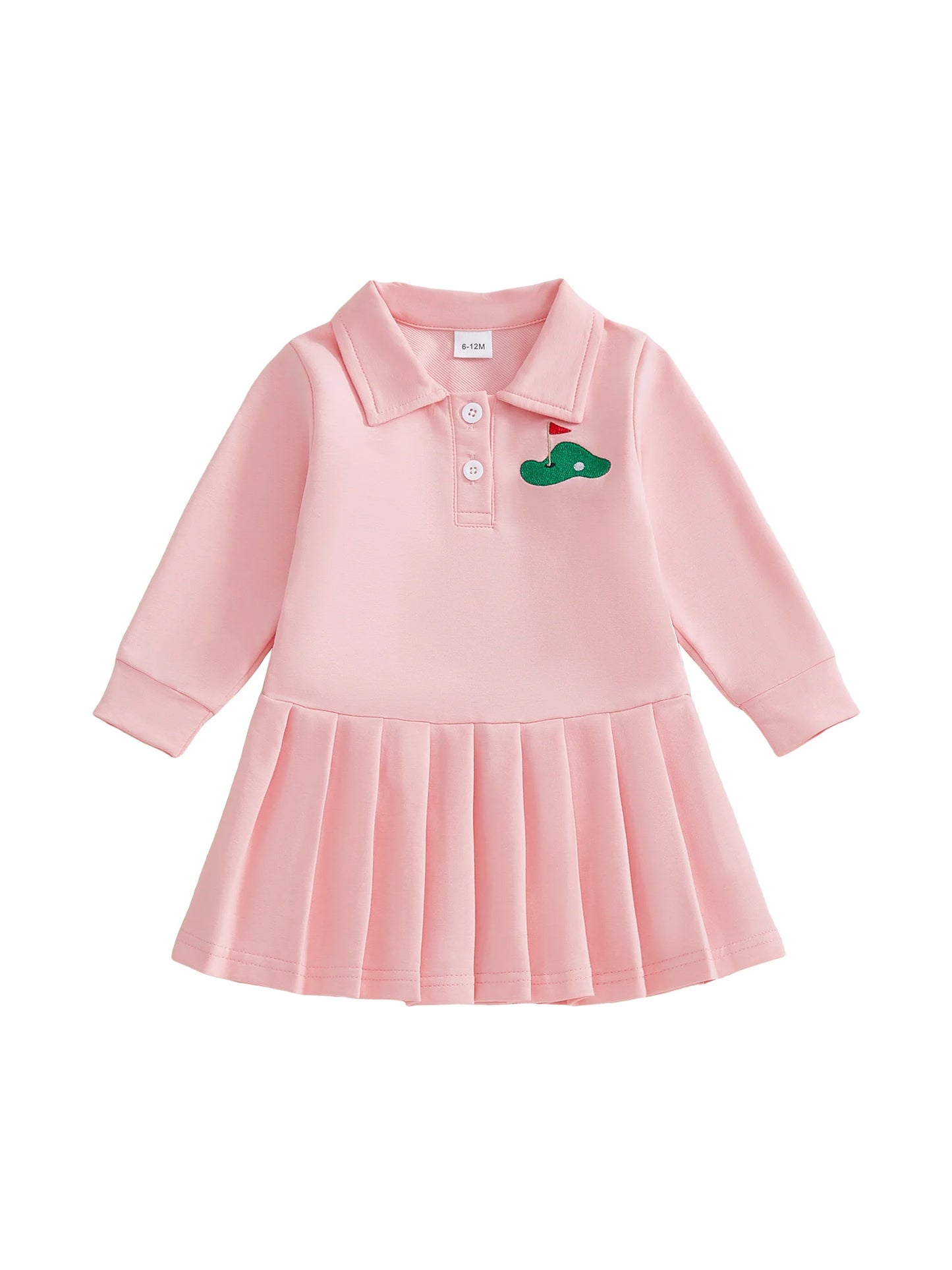 Baby Toddler Girls Casual Dress Long Sleeve Button Closure Embroidery Golf Cart Pleated Fall Dress