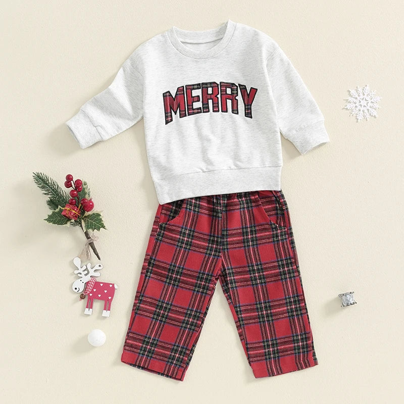 Baby Toddler Boys Girls 2Pcs Christmas Outfit Long Sleeve O Neck Letter Merry Embroidery Top Plaid Pants Set