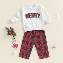 Load image into Gallery viewer, Baby Toddler Boys Girls 2Pcs Christmas Outfit Long Sleeve O Neck Letter Merry Embroidery Top Plaid Pants Set
