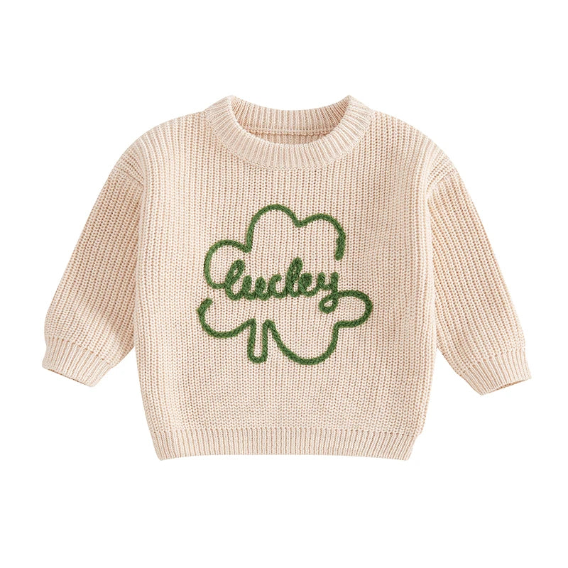 Baby Toddler Kids Boys Girls Lucky Knit Sweater Long Sleeve Round Neck Shamrock Letter Embroidery Pullover Spring St. Patrick's Day Top