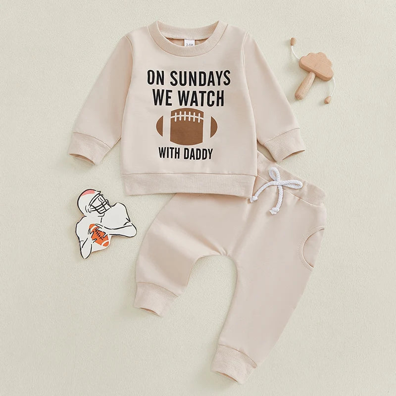 Baby Toddler Boys Girls 2Pcs Fall Outfit On Sundays We Watch Football With Daddy Letter Print Long Sleeve Top Elastic Pants Set