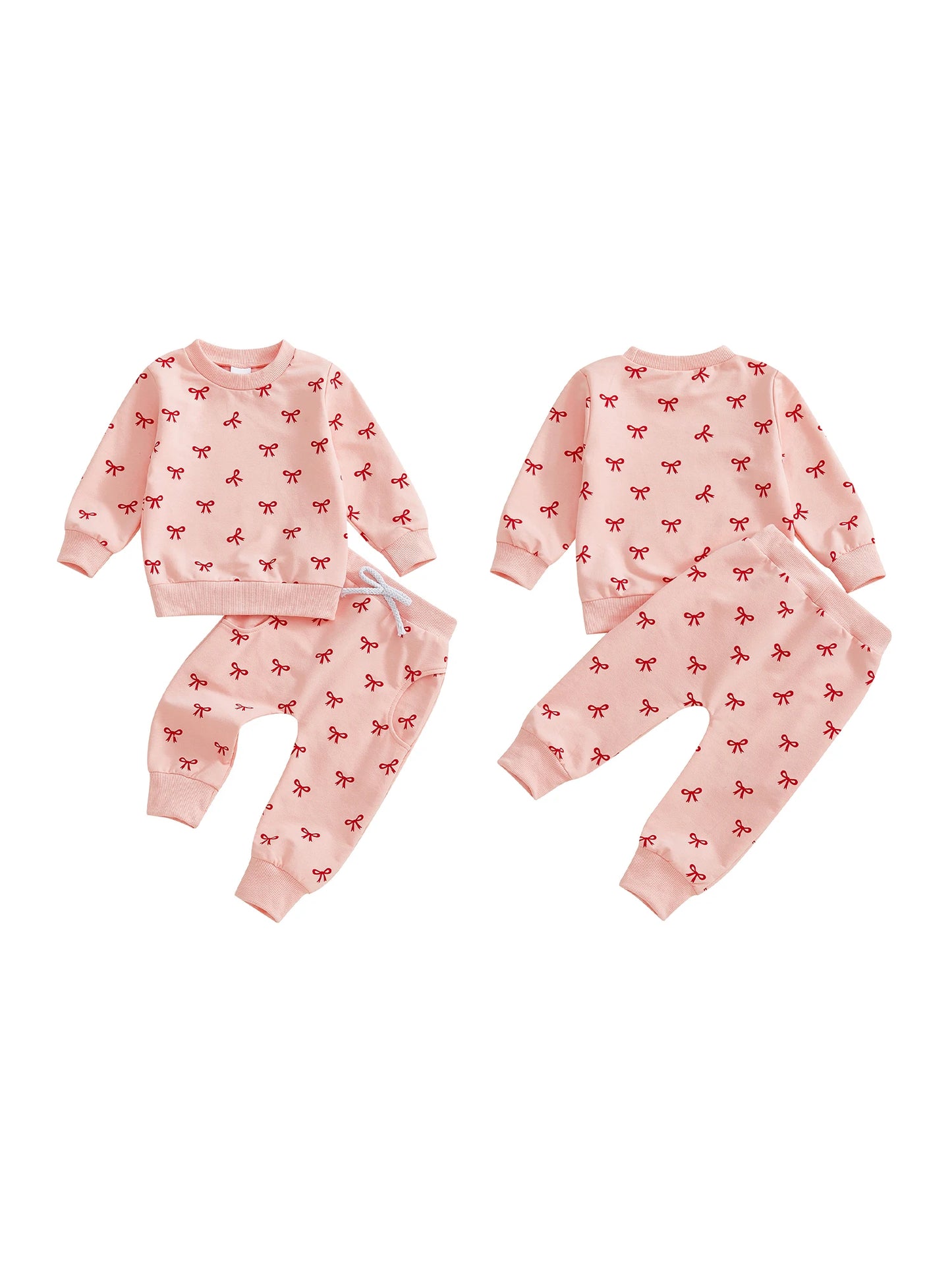 Baby Toddler Girl 2Pcs Fall Outfits Bow Print Long Sleeve Round Neck Pullover + Elastic Waist Long Pants 2Pcs Jogger Set