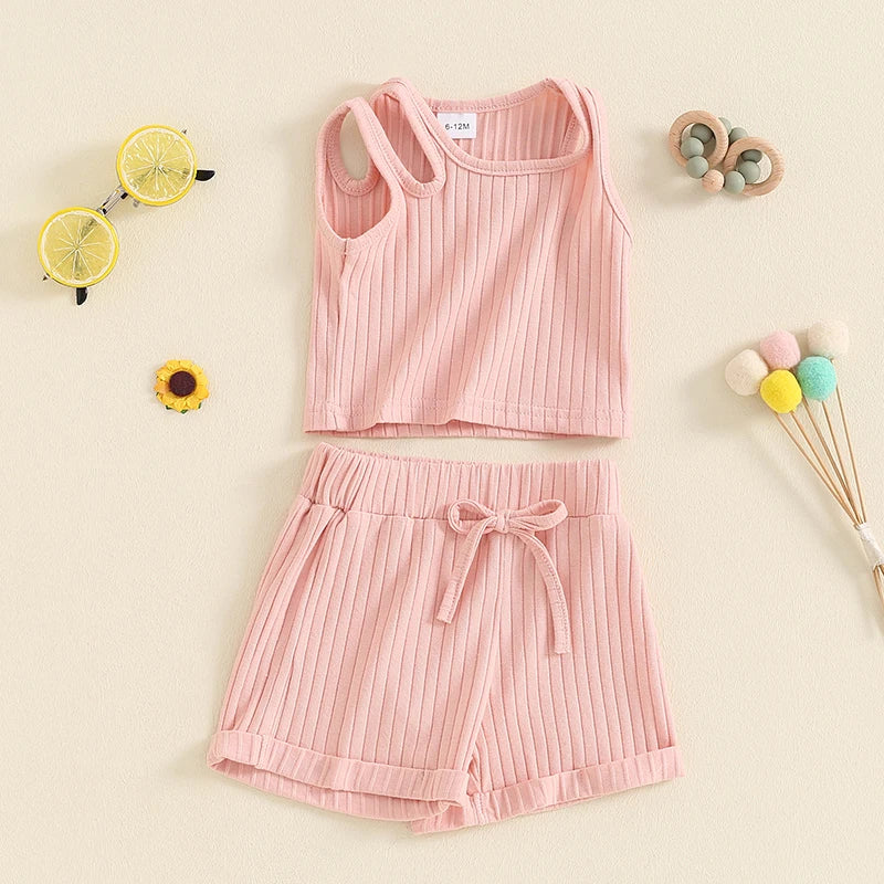 Baby Toddler Girls 2Pcs Ribbed Tank Top Elastic Waistband Drawstring Shorts Matching Outfit Set