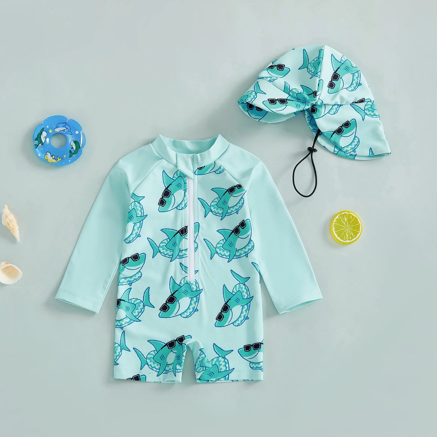 Baby Toddler Boys 2Pcs Rash Guard Swimsuit Shark Print Long Sleeve Zip Up Bathing Suit with Sun Cap Hat Set