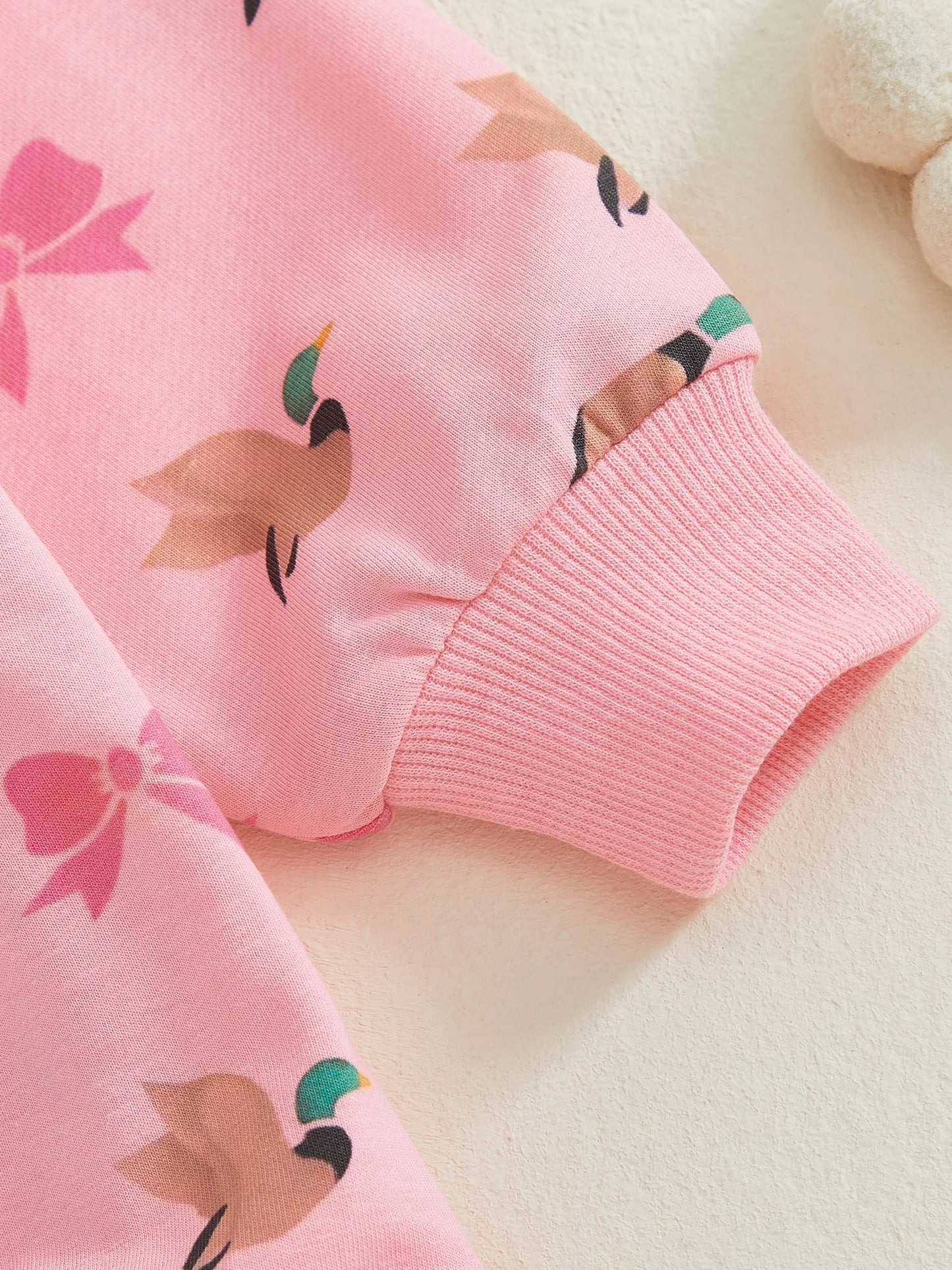 Baby Girls 2Pcs Romper Round Neck Duck and Bow Print Long Sleeve Jumpsuit with Headband Set