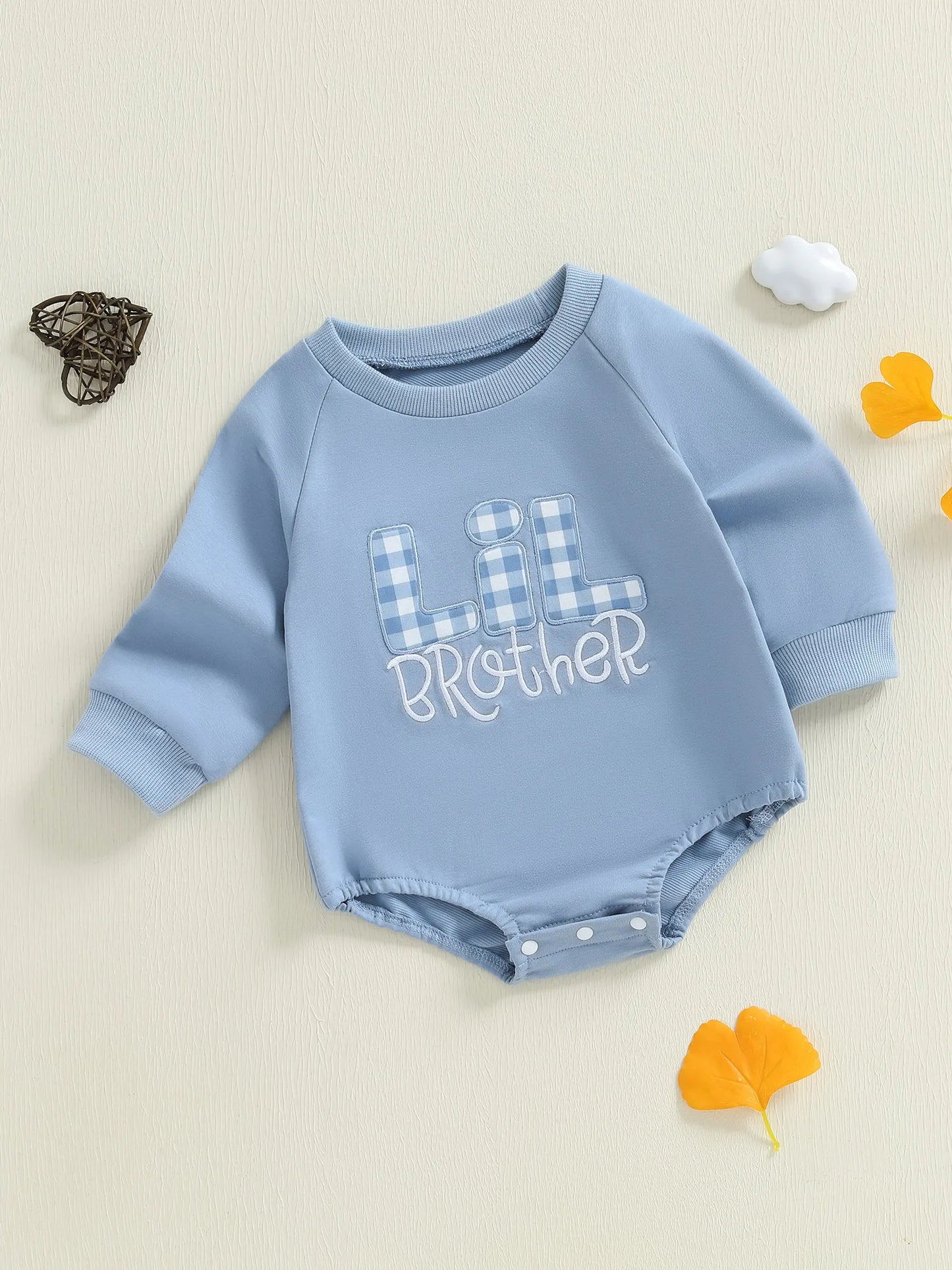 Baby Boy Lil Brother Fall Winter Romper Loose Fit Letter Plaid Embroidered Crew Neck Long Sleeve Jumpsuit