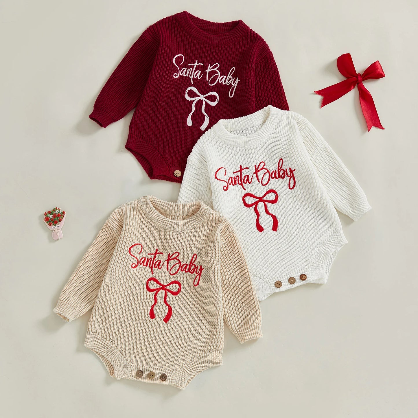 Baby Girl Santa Baby Christmas Romper Loose Fit Letter Bow Embroidery Ribbed Knit Long Sleeve Infant Winter Sweater