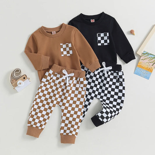 Baby Toddler Boys 2Pcs Long Sleeve Crewneck Top and Checkered Print Jogger Pants Set