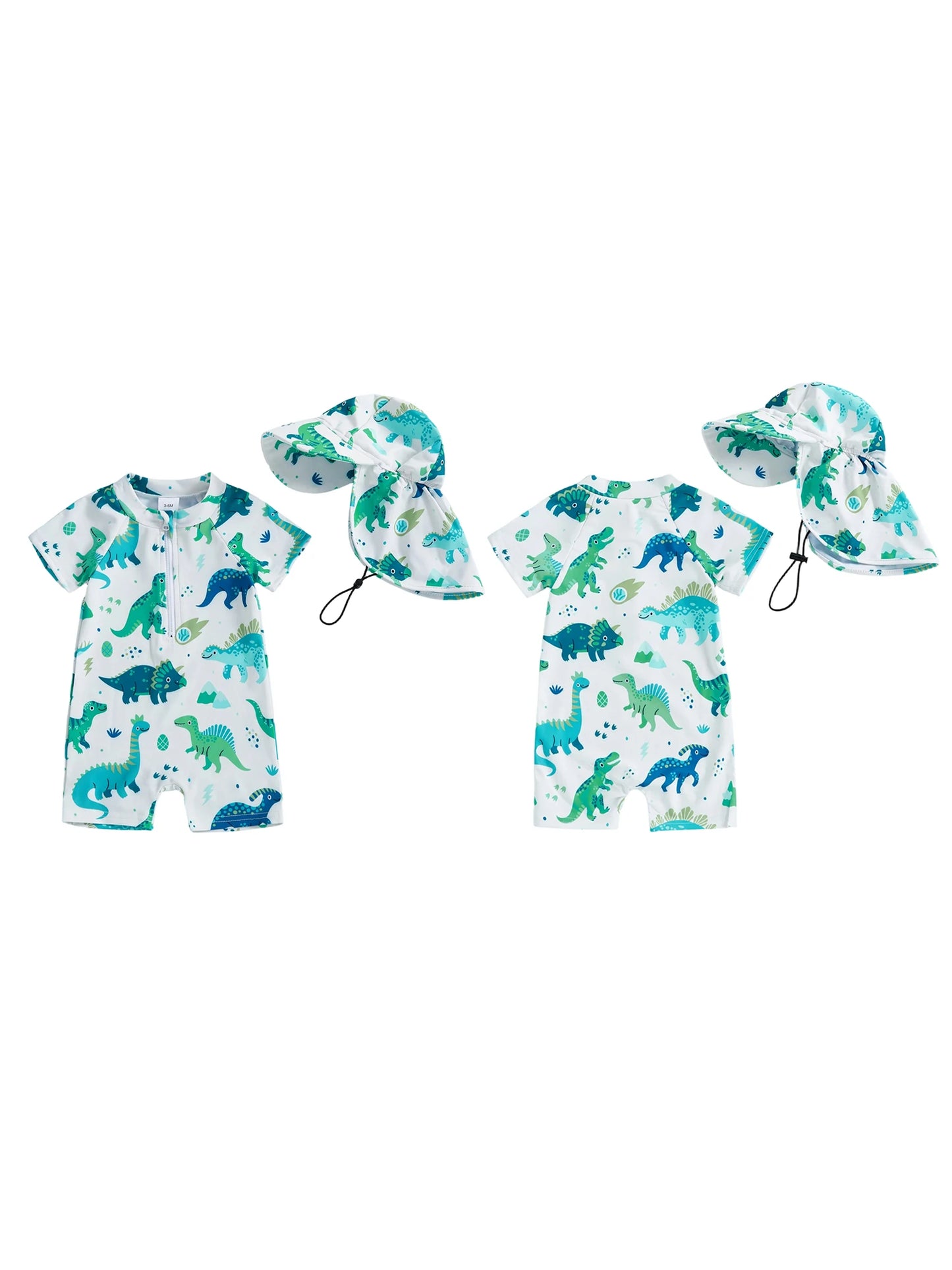 Toddler Kids Boys 2Pcs Swimsuit Set Dinosaur Print Crew Neck Short Sleeve Upper Zipper Rash Guard Swimwear and Sun Hat