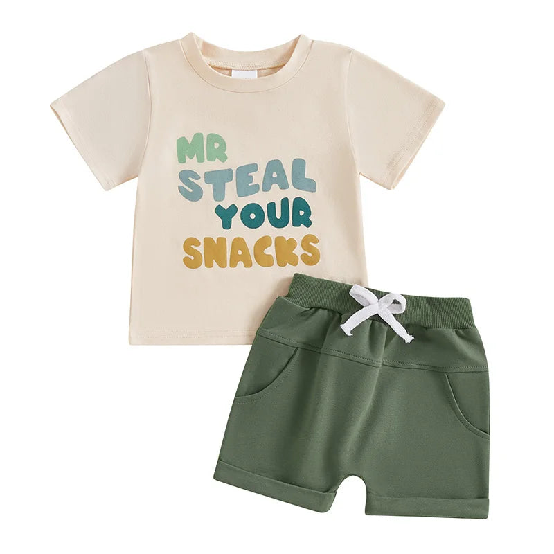 Baby Toddler Boys 2Pcs Mr Steal Your Snacks Set Letter Print Short Sleeve T-shirt Top Solid Elastic Waist Shorts Spring Summer Outfit