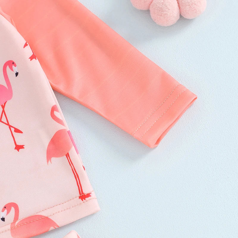 Baby Toddler Girls 2Pcs Two Piece Swimsuits Long Sleeve Seashell/Bird Flamingo Print Bathing Suit Summer Swimwear