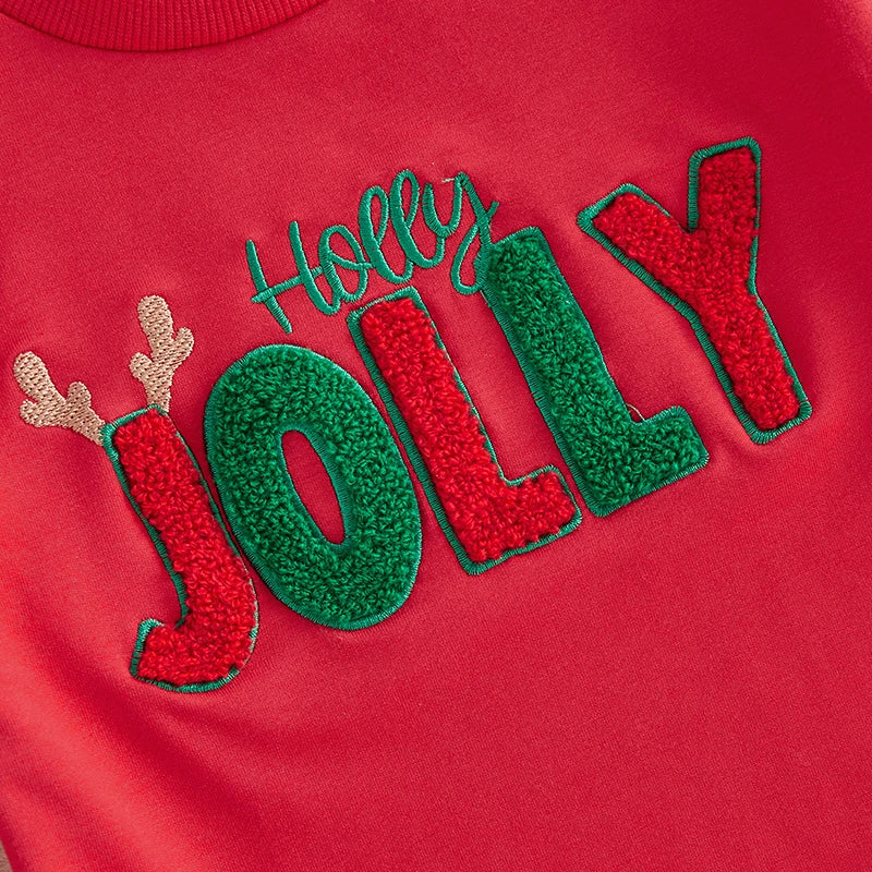 Baby Girls Boys Holly Jolly Christmas Bubble Romper Antler Letter Embroidered Long Sleeve Round Neck Jumpsuit