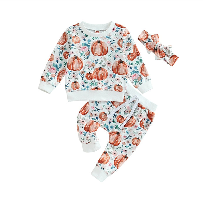 Baby Toddler Girl 3Pcs Halloween Outfit Pumpkin Flower Print Long Sleeve Top Pants