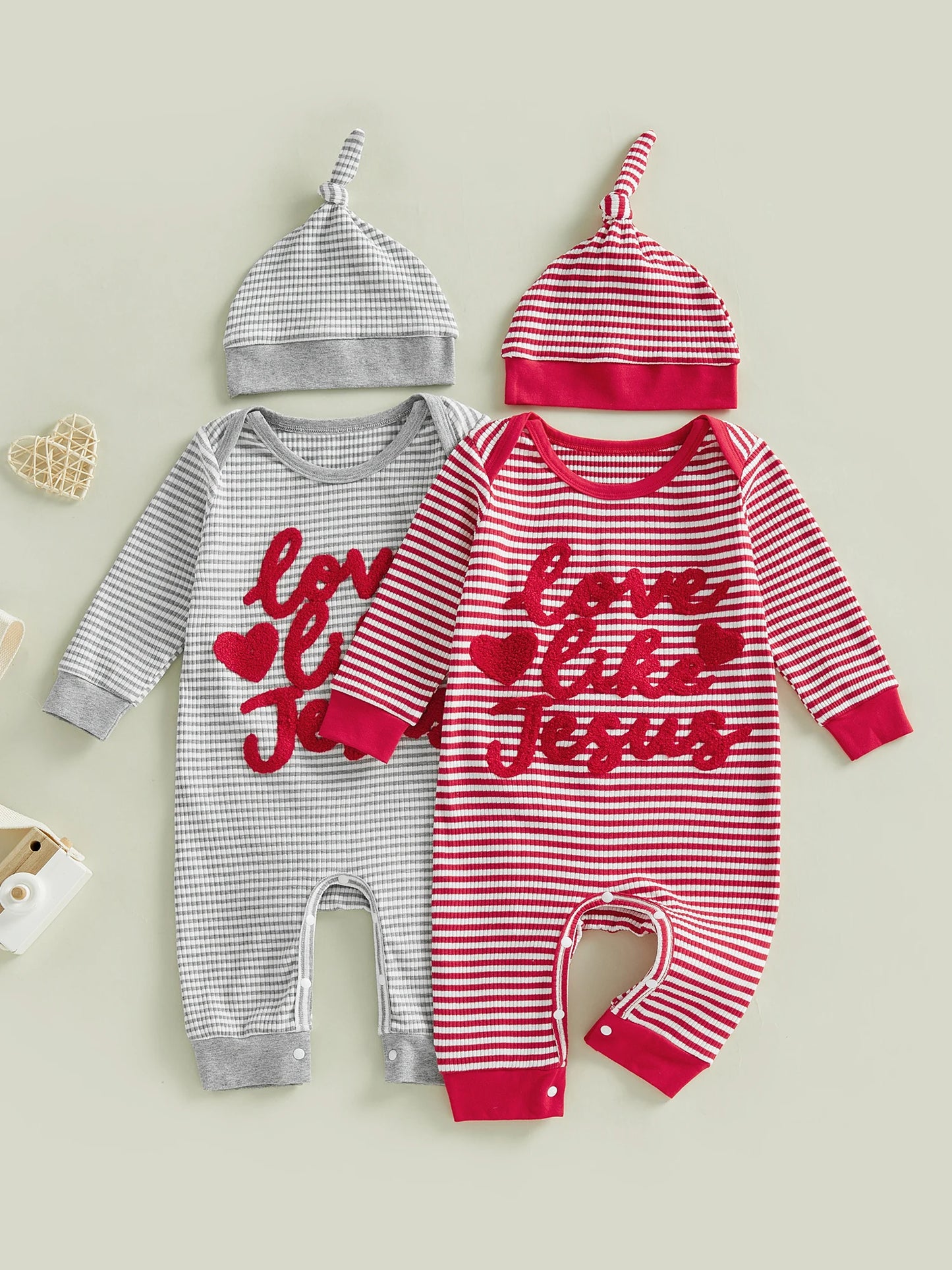 Baby Boys Girls 2Pcs Valentine's Day Romper Love Like Jesus Striped Heart Letter Embroidered Long Sleeve Jumpsuit Knotted Hat Set