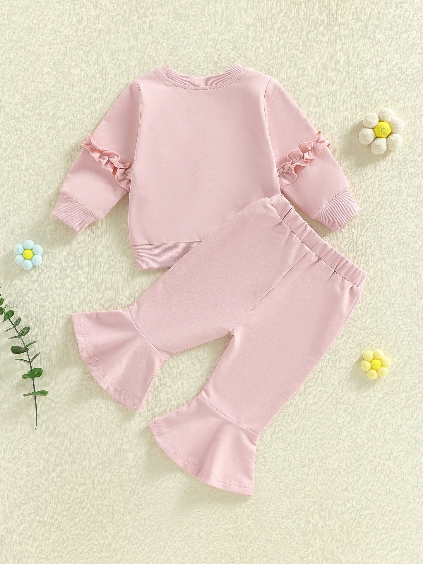Baby Toddler Girls 2Pcs Spring Outfit Long Sleeve Crew Neck 3D Crochet Flower Decor Top and Bell Bottom Pants Set
