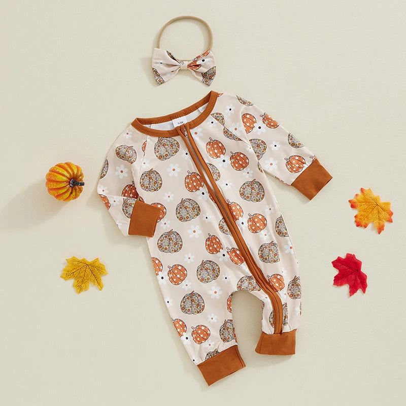 Baby Girls 2Pcs Halloween Bodysuit Pumpkin Daisy Print Zipper Long Sleeve Fall Romper Headband Outfit Set