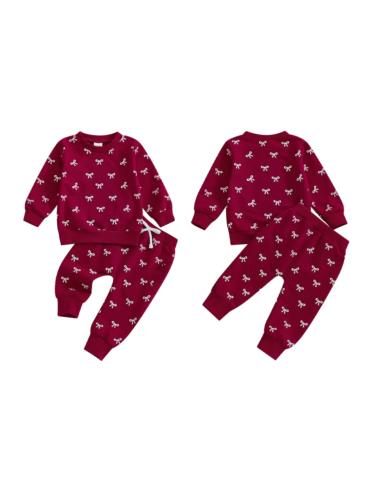 Baby Toddler Girl 2Pcs Fall Outfits Bow Print Long Sleeve Round Neck Pullover + Elastic Waist Long Pants 2Pcs Jogger Set
