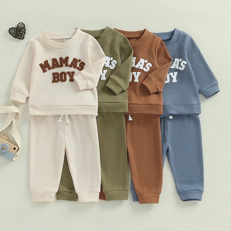 Baby Toddler Boys 2Pcs Mama's Boy Waffle Outfit Letter Embroidery Long Sleeve Top Elastic Waist Pants Set