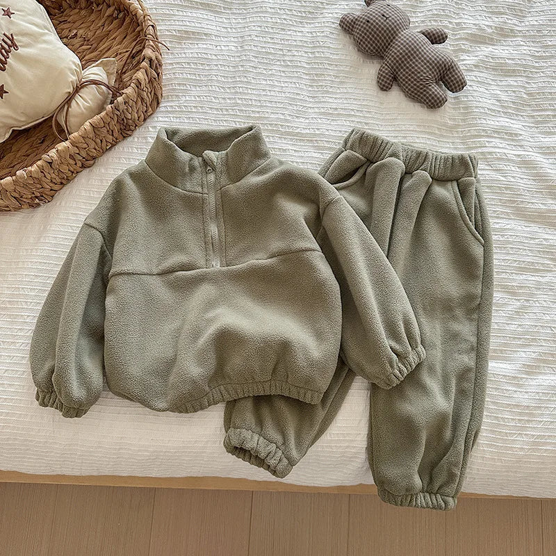 Toddler Kid Boy Girl 2Pcs Clothes Set Fleece Pullover Top Pant Suit Casual Warm Thick Winter Two Piece Jogger Set