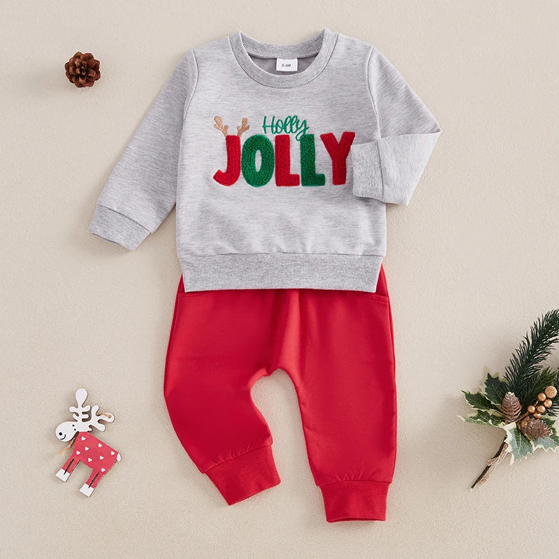 Baby Toddler Girls Boys 2Pcs Holly Jolly Christmas Outfit Letter Embroidery Long Sleeve Top with Solid Long Pants Jogger Set