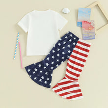 Load image into Gallery viewer, Baby Toddler Girl 2Pcs All American Babe 4th of July Outfit Letter Print Short Sleeve Top with Star Stripe Print Flare Pants Clothes Set
