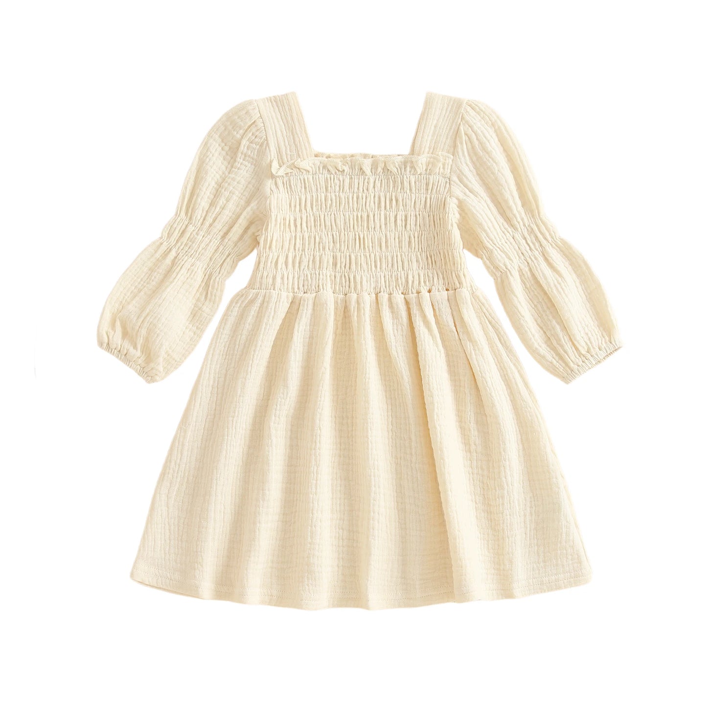 Baby Toddler Girl Bubble Sleeve Dress Stylish Solid Smocked Square Neck Long Sleeve A Line Dress