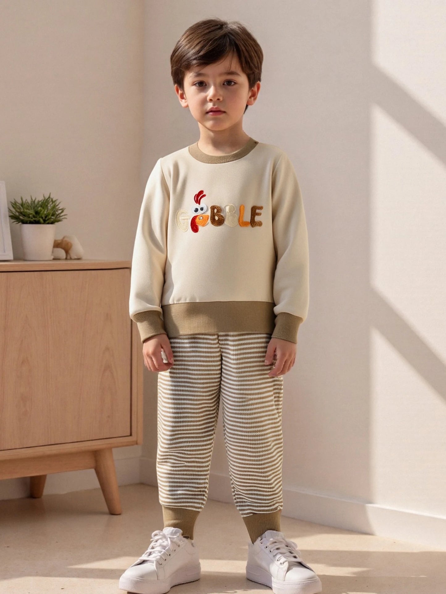 Baby Toddler Boys 2Pcs Jogger Set Long Sleeve Crew Neck Embroidery Gobble Turkey Top with Striped Pants Thanksgiving Clothes
