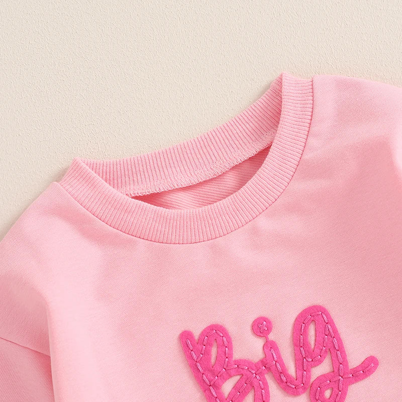 Toddler Kids Girls Big Sister Long Sleeve Crewneck Letter Embroidery Loose Fit Pullover Top