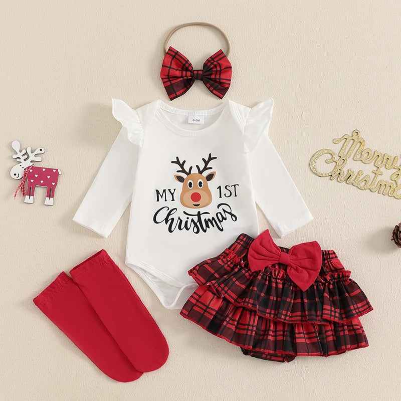 Baby Toddler Girls 4Pcs My 1st Christmas / Santa Baby First Outfit Letter Reindeer Ruffle Long Sleeve Romper Plaid Layered Ruffle Shorts Skirt Bloomers Socks Headband Bow Set