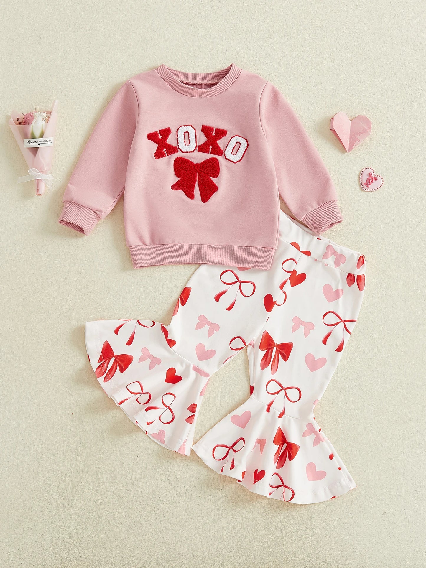 Baby Toddler Girls 2Pcs XOXO Be Mine Valentine's Day Outfit Bow Embroidery Long Sleeve Pullover Top with Bell Bottoms Clothing Set
