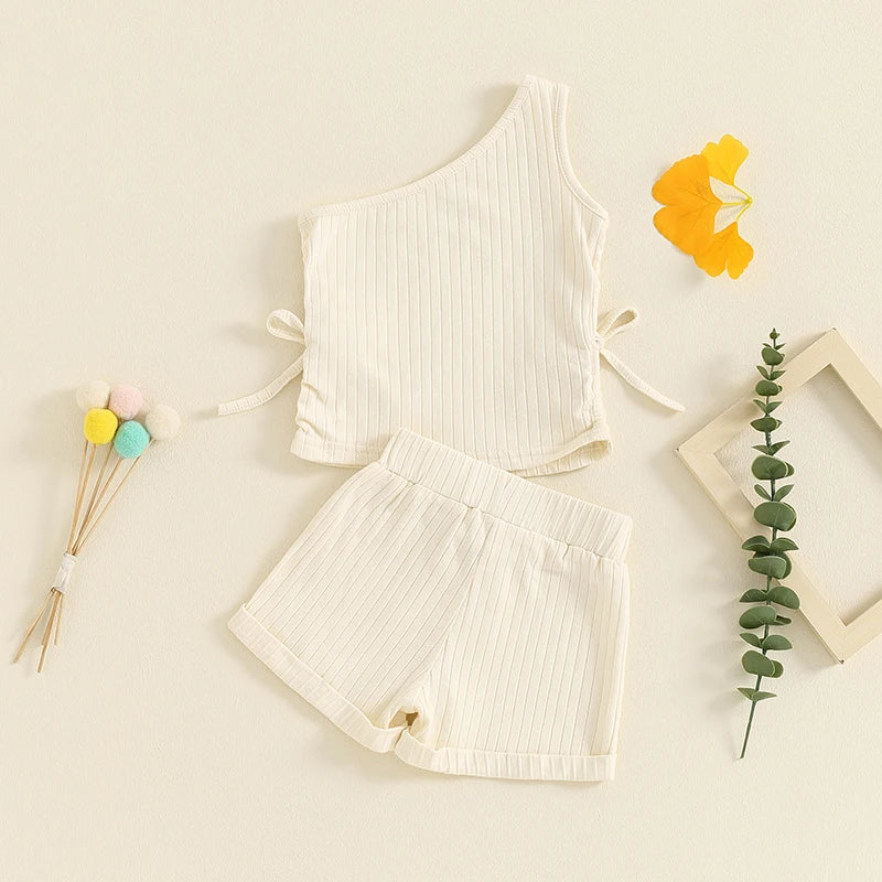 Baby Toddler Girls 2Pcs Summer Outfit Solid Color One Shoulder Strap Drawstring Ribbed Tank Top Shorts Matching Set