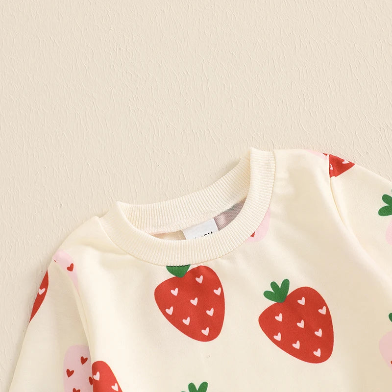 Baby Toddler Girls 2Pcs Outfit Strawberry Print Long Sleeve Crewneck Top with Flare Pants Set