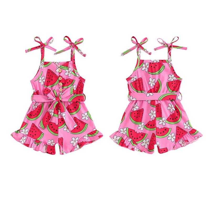 Baby Toddler Kids Girl Summer Jumpsuit Sleeveless Tie Strap Watermelon Print Belted Romper Shorts