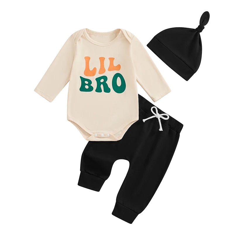 Baby Boys 3Pcs Lil Bro Outfit Letter Print Long Sleeve Romper Elastic Waist Pants Hat Set