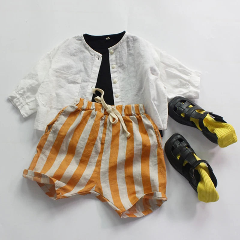 Baby Toddler Kids Summer Vintage Linen Cotton Shorts Stripes Casual Pocket Design