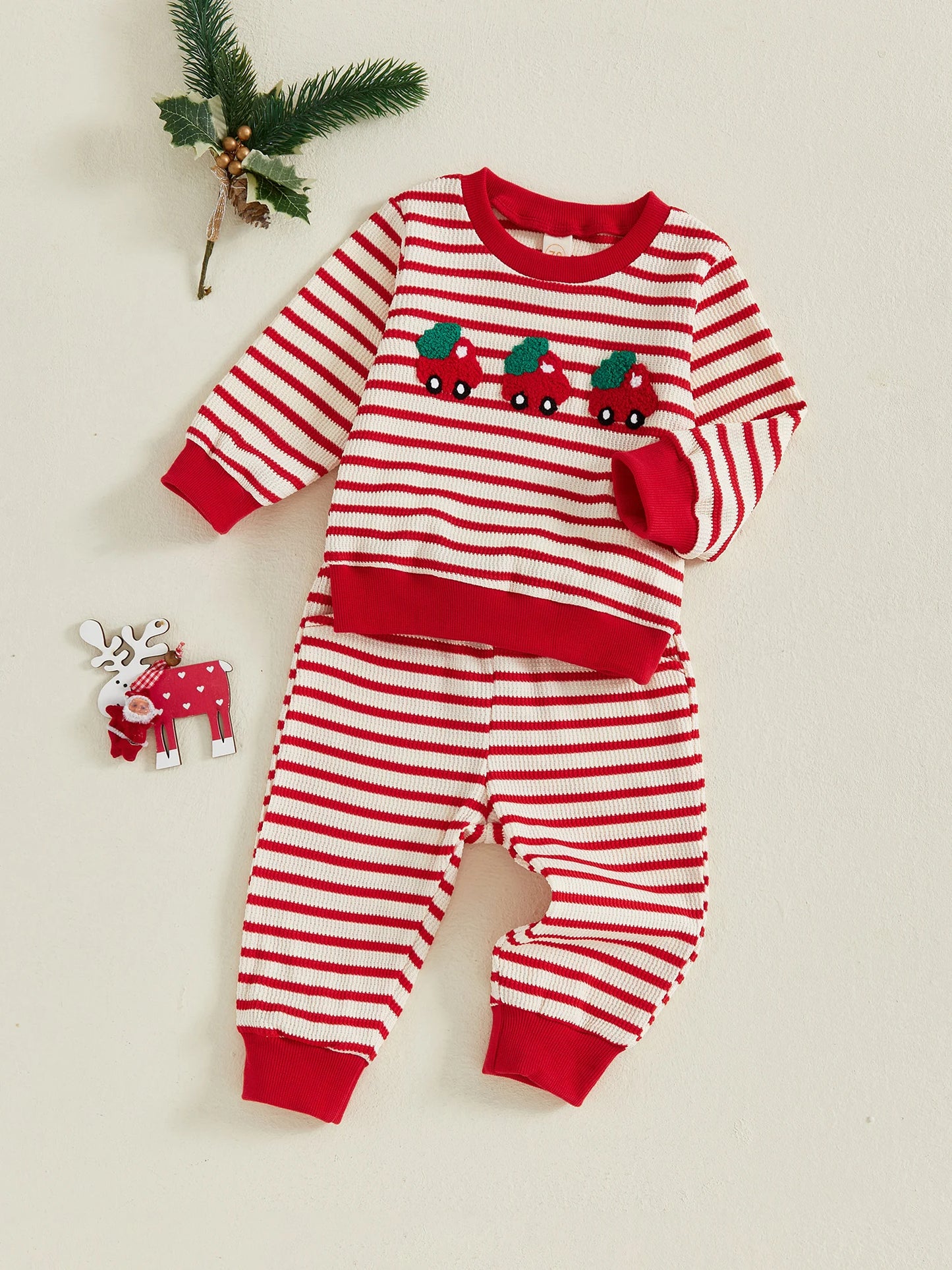 Baby Toddler Girls Boys 2Pcs Christmas Outfit Car Truck Tree Embroidered Striped Crew Neck Long Sleeve Pullover Top and Pants 2Pcs Jogger Set