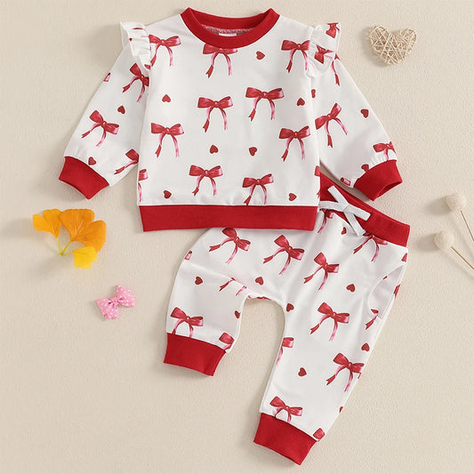 Baby Toddler Girls 2Pcs Valentine's Day Outfit Bow Print Crew Neck Long Sleeve Top Long Pants Jogger Set