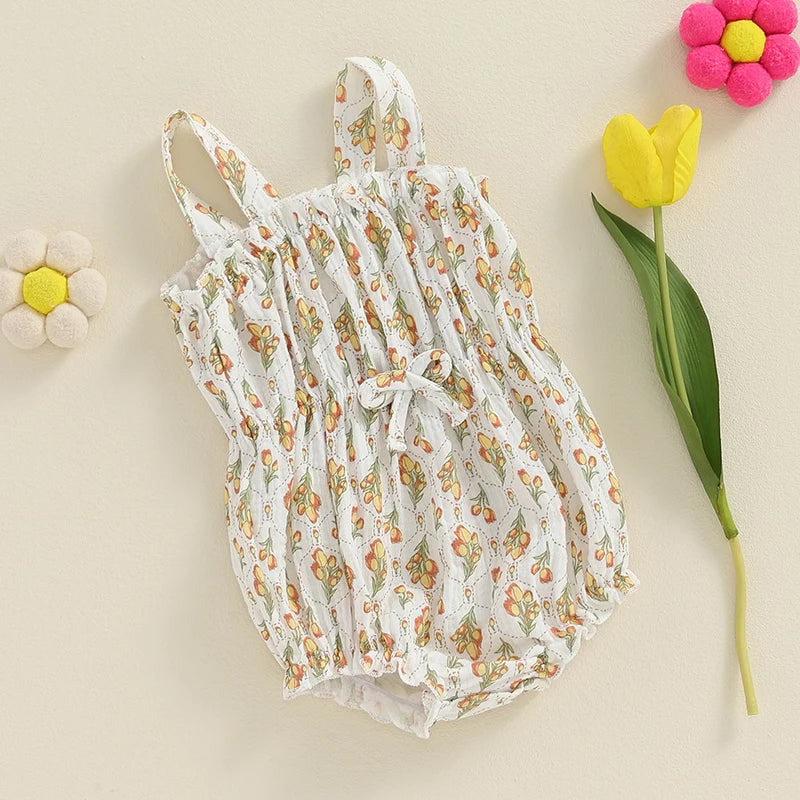 Baby Girl Summer Romper Cute Flower Carrot Cherries Print Sleeveless Tank Top Bow Front Bodysuit