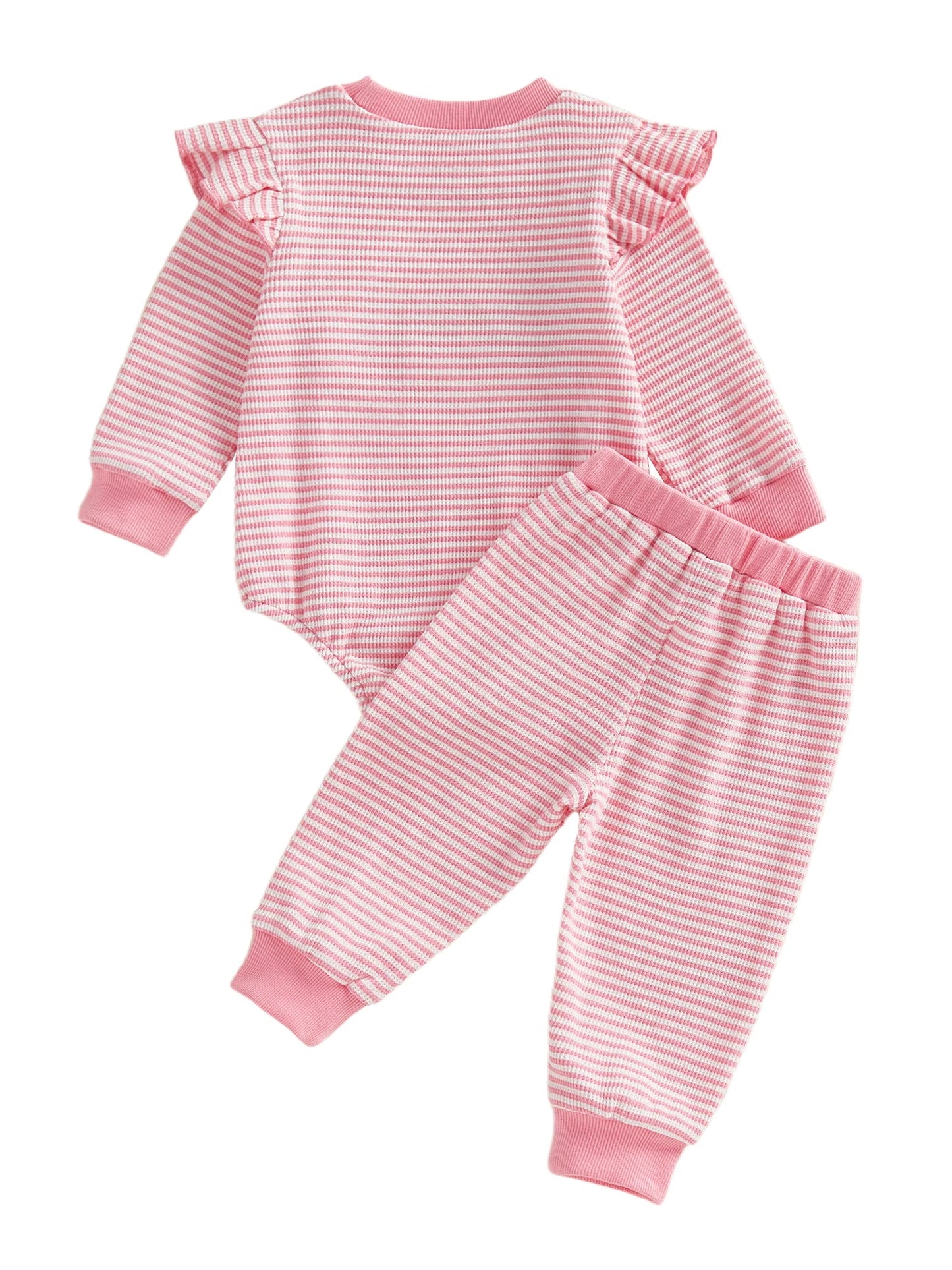 Baby Girls 2Pcs Valentine's Day Clothes Sets Letters Embroidery Love Stripe Long Sleeve Romper with Pants 2Pcs Set