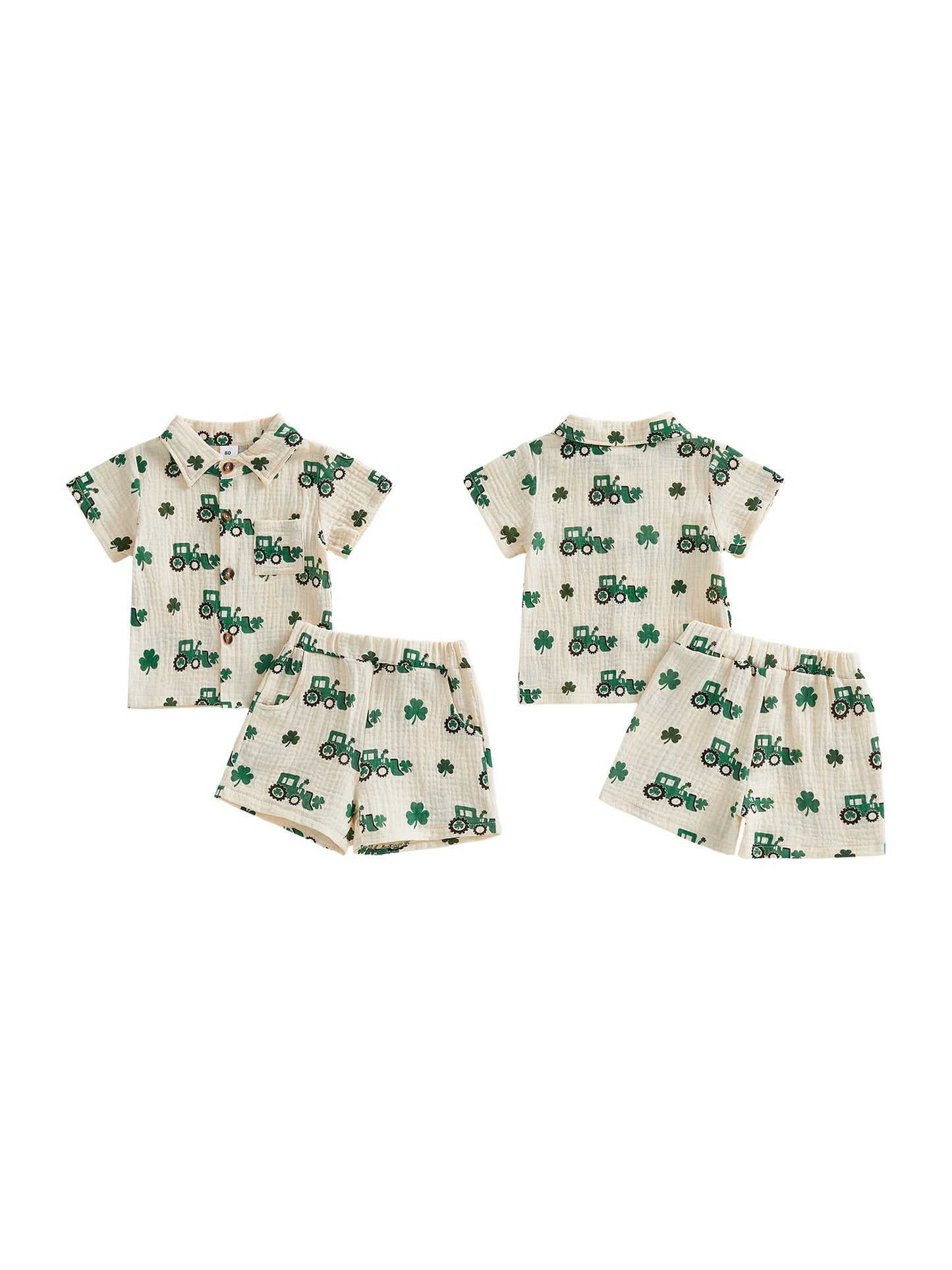 Baby Toddler Boy 2Pcs St. Patrick's Day Outfits Clover Truck Print Short Sleeve Lapel Button Down Shirt and Shorts Spring Set